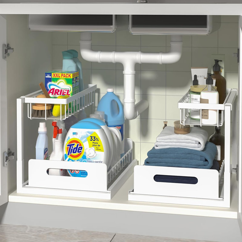 Rebrilliant Under Sink Organizers 2 Pack Metal Pull Out Under Sink Organizers And Storage Shelves With Sliding Drawer Under Sink Storage For Kitchen Bathroom White Wayfair